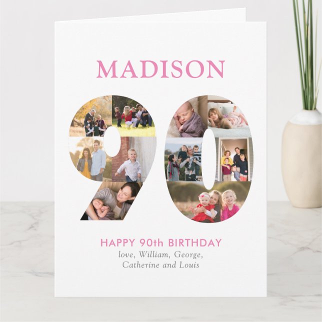 90th Number Photo Collage Name Pink Greeting Card (Front)