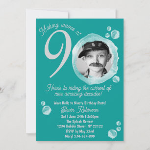 90th Ocean Teal Bubble Birthday Party Invitation