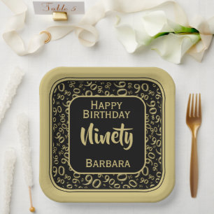 90th Party Random Number Pattern Black/Gold Paper Plate