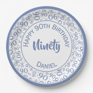 90th Party Random Number Pattern Blue/White Paper Plate