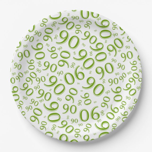 90th Party Random Number Pattern Green/White Paper Plate (Front)