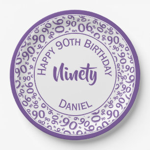 90th Party Random Number Pattern Purple/White Paper Plate