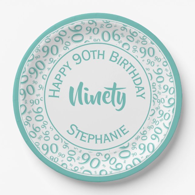 90th Party Random Number Pattern Teal/White Paper Plate (Front)