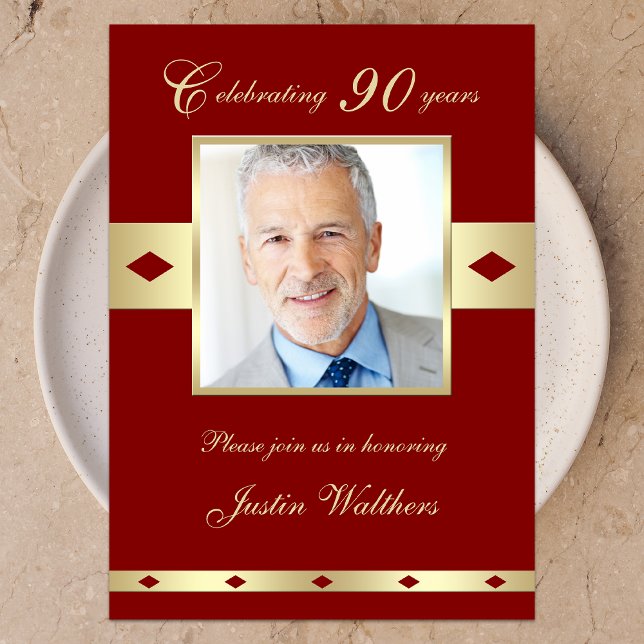 90th Photo Birthday Party Invitation Burgundy 90 (Creator Uploaded)