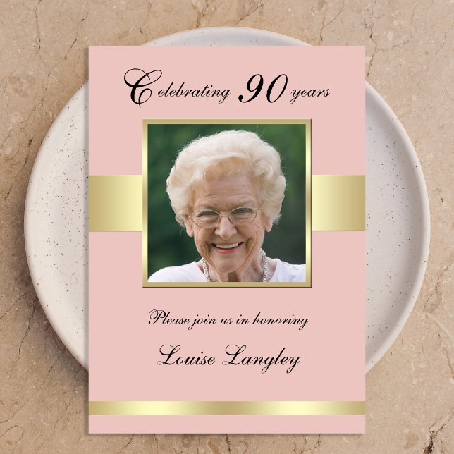 90th Photo Birthday Party Rose Gold Invitation (Creator Uploaded)