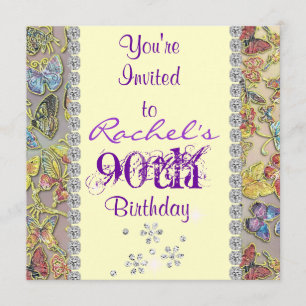 90TH PURPLE BUTTERFLY Birthday Invitation BLING