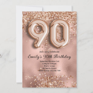 90th Rose Gold Glitter Birthday Invitation