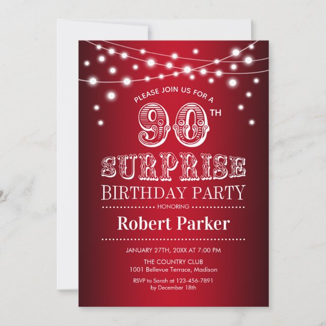 90th Surprise Birthday - Black Red White Invitation (Front)