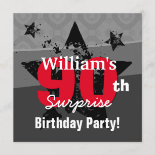 90th Surprise Birthday Charcoal and Red Grunge C90 Invitation