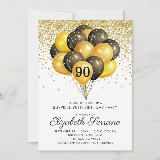 90th Surprise Birthday Party Black Gold Glitter   Invitation (Front)