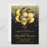 90th Surprise Birthday Party Black Gold Glitter   Invitation<br><div class="desc">Black and gold balloons And confetti 90th birthday party invite. Bold black and gold style design with modern script typeface. Customize for any age. 40,  50,  60,  70,  80,  90 and over.</div>