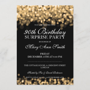 90th Surprise Birthday Party Gold Lights Invitation