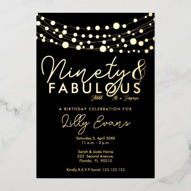 90th surprise birthday party invitation elegant  (Front)