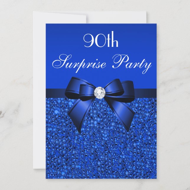 90th Surprise Party Royal Blue Sequins and Bow Invitation (Front)