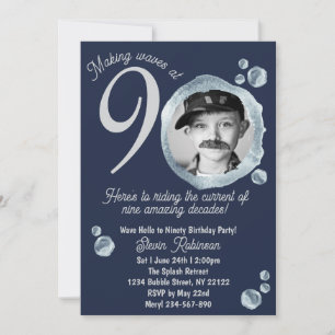 90th Twilight Blue Bubble Birthday Party Photo Invitation