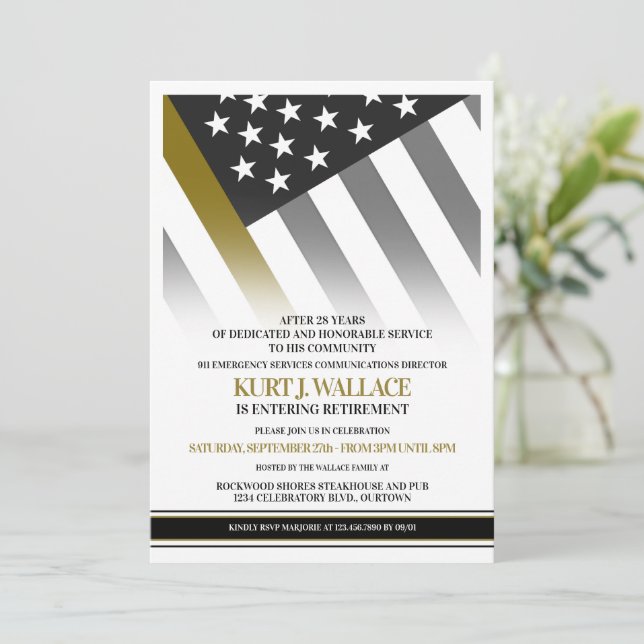 911 Dispatch Thin Gold Line Flag Retirement Party Invitation (Standing Front)