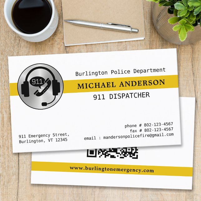 911 Dispatcher Custom Logo Thin Gold Line QR Code Business Card (Creator Uploaded)