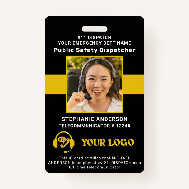 911 Dispatcher ID Custom Photo Thin Gold Line  Badge (Front)