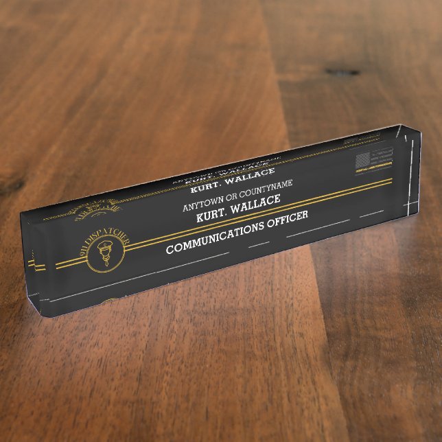 911 Dispatcher Thin Gold Lines Flag Desk  Nameplate (Side)