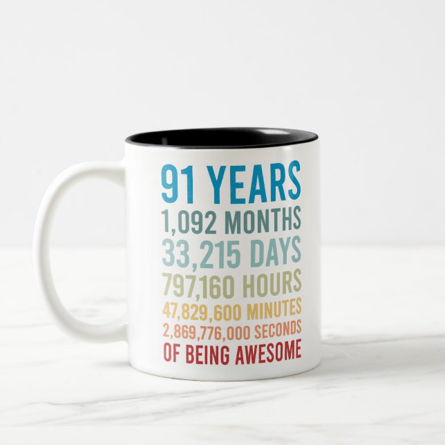 91 Years 1092 Months Being Awesome Birthday Gift Two-Tone Coffee Mug (Left)