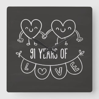 91st Anniversary Gift Chalk Hearts Square Wall Clock