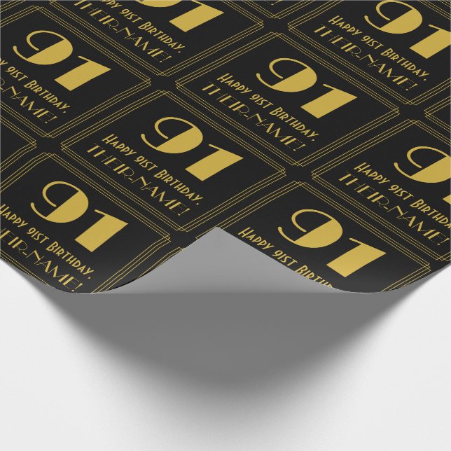 91st Birthday ~ Art Deco Inspired Look "91", Name Wrapping Paper (Corner)