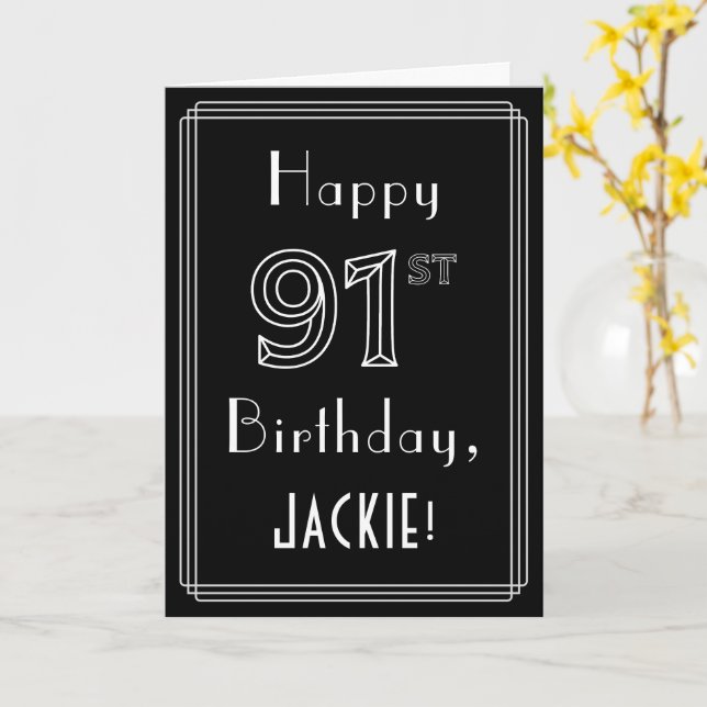 91st Birthday: Art Deco Style # 91 & Custom Name Card (Yellow Flower)