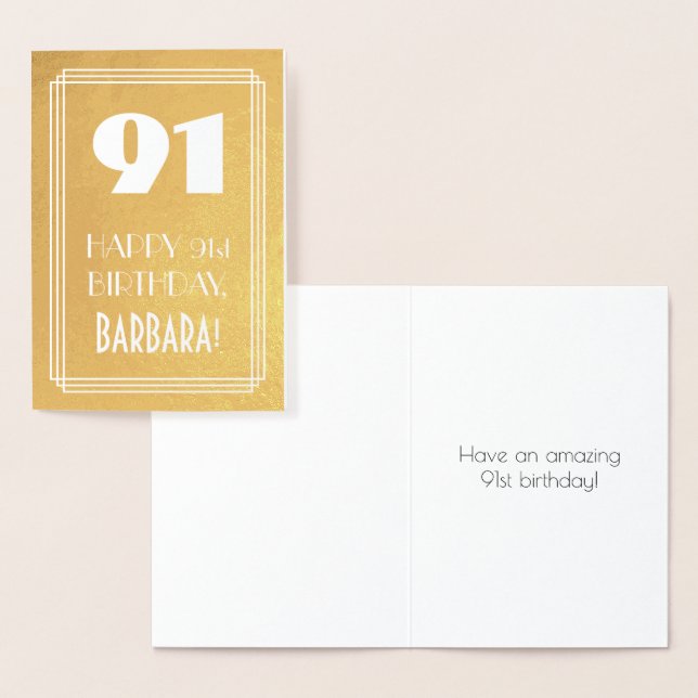 91st Birthday ~ Art Deco Style "91" & Custom Name Foil Card (Display)