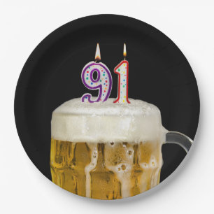 91st Birthday Beer on black Paper Plate