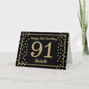 91st Birthday Black and Gold Glitter Confetti Card