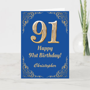 91st Birthday Blue and Gold Glitter Frame Card