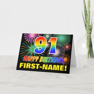 91st Birthday: Bold, Fun, Fireworks, Rainbow 91 Card