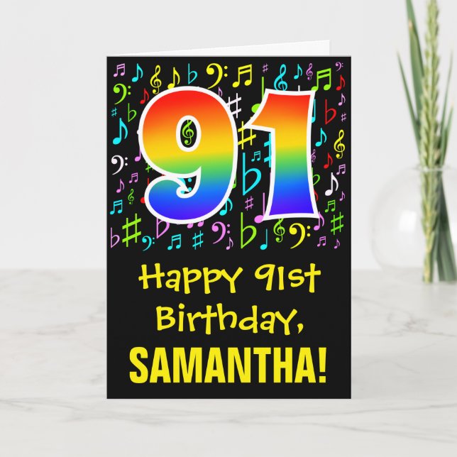 91st Birthday: Colorful Music Symbols + Rainbow 91 Card (Front)