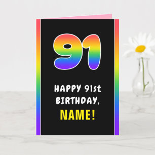 91st Birthday: Colourful Rainbow # 91, Custom Name Card