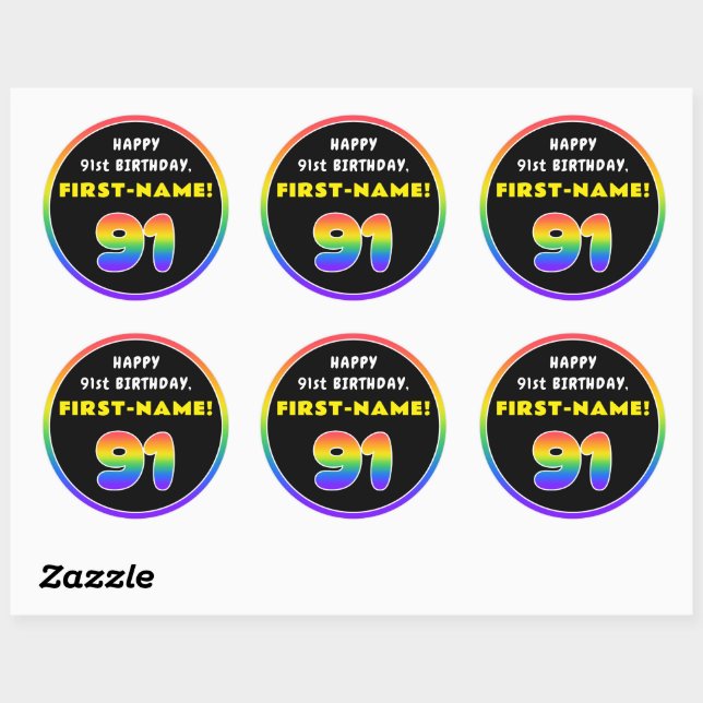 91st Birthday: Colourful Rainbow # 91, Custom Name Classic Round Sticker (Sheet)