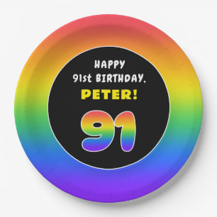 91st Birthday: Colourful Rainbow # 91, Custom Name Paper Plate