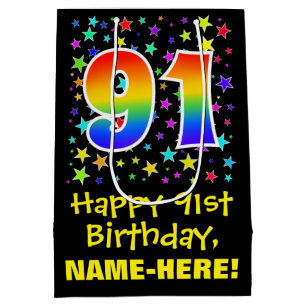 91st Birthday: Colourful Stars Pattern & Rainbow 9 Medium Gift Bag