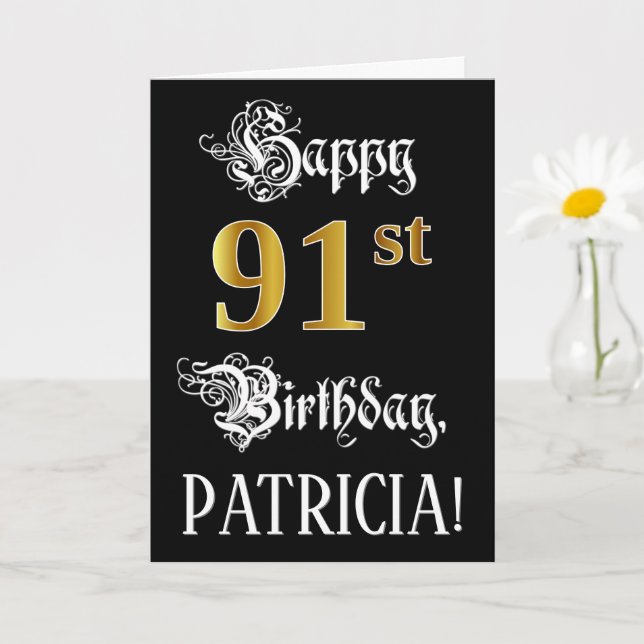 91st Birthday — Fancy Script; Faux Gold Look; Name Card (Small Plant)