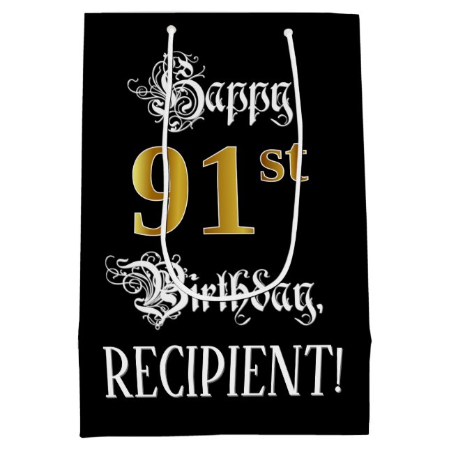 91st Birthday ~ Fancy Script; Faux Gold Look; Name Medium Gift Bag (Back)