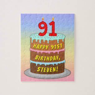 91st Birthday: Fun Cake and Candles + Custom Name Jigsaw Puzzle