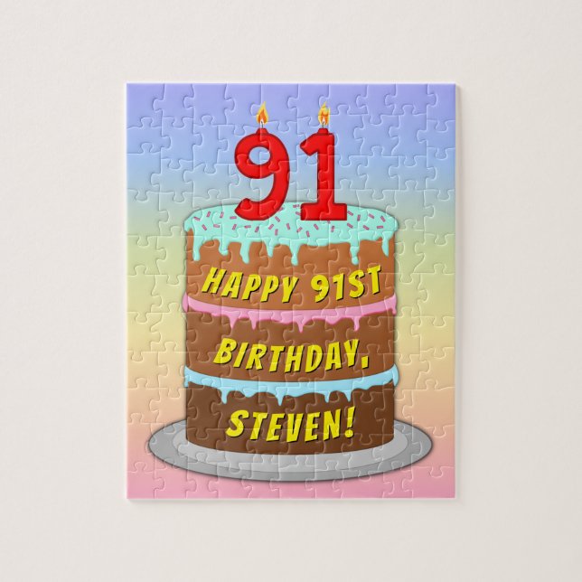 91st Birthday: Fun Cake and Candles + Custom Name Jigsaw Puzzle (Vertical)