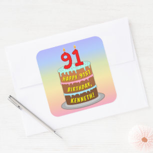 91st Birthday: Fun Cake and Candles + Custom Name Square Sticker