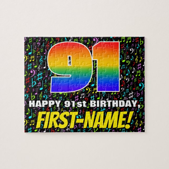 91st Birthday — Fun, Colourful Music Symbols & “91 Jigsaw Puzzle (Horizontal)