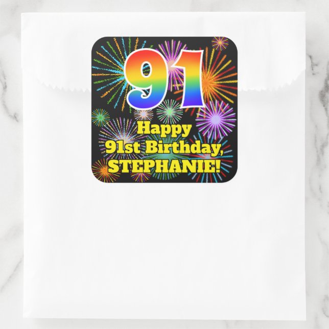 91st Birthday: Fun Fireworks Look, Rainbow # 91 Square Sticker (Bag)