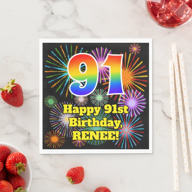 91st Birthday: Fun Fireworks Pattern + Rainbow 91 Napkin (Insitu)