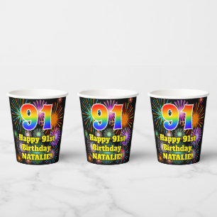 91st Birthday: Fun Fireworks Pattern + Rainbow 91 Paper Cups