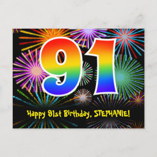 91st Birthday – Fun Fireworks Pattern + Rainbow 91 Postcard