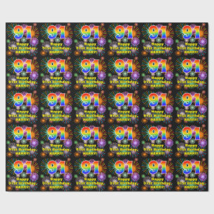 91st Birthday: Fun Fireworks, Rainbow Look # “91” Wrapping Paper