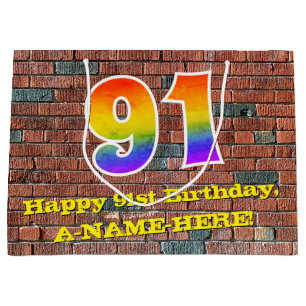 91st Birthday: Fun, Graffiti-Inspired Rainbow # 91 Large Gift Bag