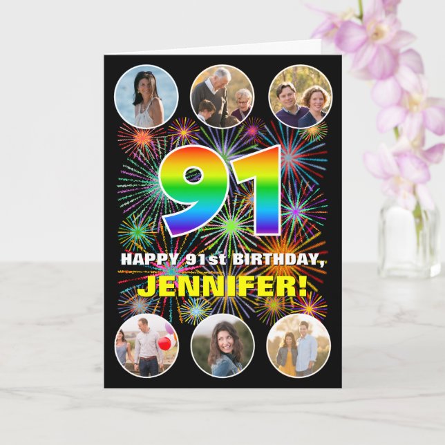 91st Birthday: Fun Rainbow #, Custom Name & Photos Card (Orchid)